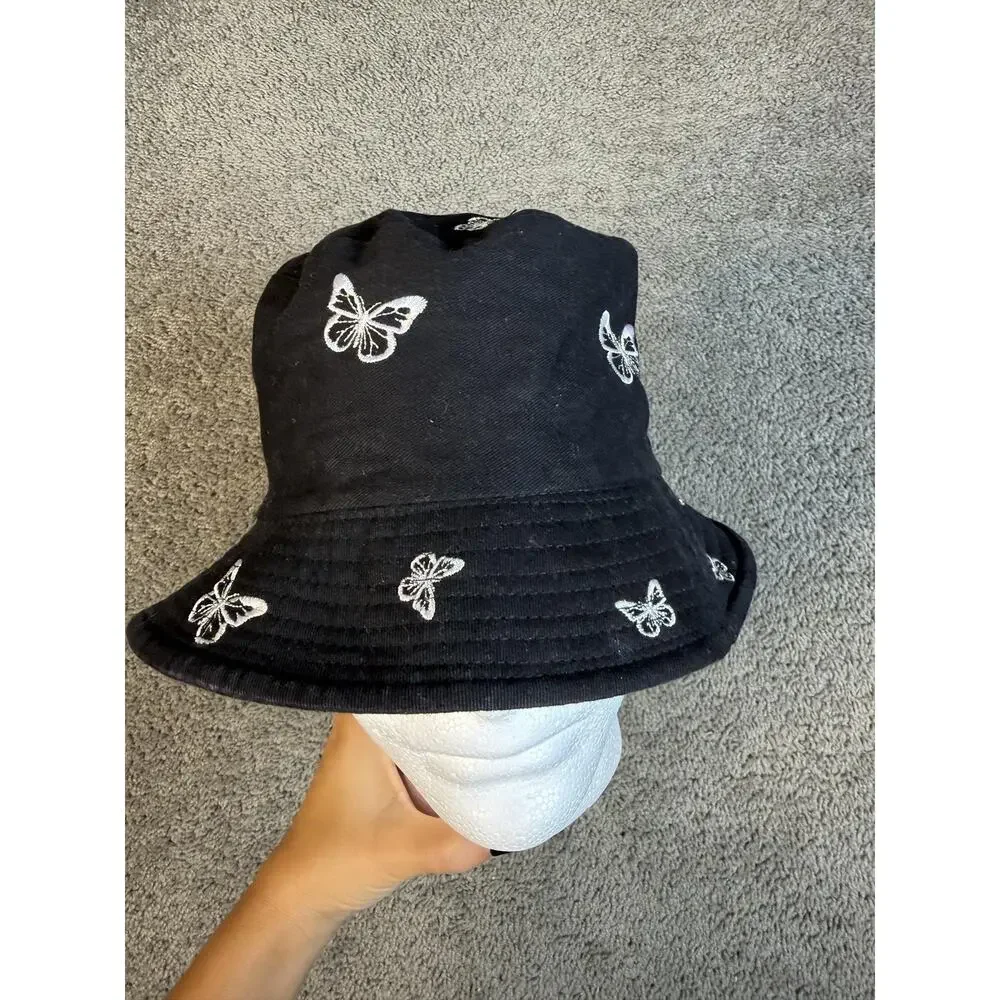 ButterflyHat Bucket Womens One Size Black Embroidered Cotton Twill Packable